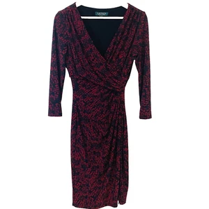 Lauren Ralph Lauren Dress 4 Faux Wrap Maroon Black Ruched Stretch Career Travel - Picture 1 of 10