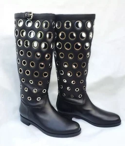 NEU CHRISTIAN LOUBOUTIN SCHWARZ LEDER SILBER NIETEN APOLLOBOTTA Stiefel Schuhe, 38,5 - Bild 1 von 19