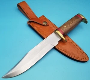 Knife Wood Handle Brass Inlay 7.25" Stainless Fixed Blade Sheath Hunting Bowie - Picture 1 of 11