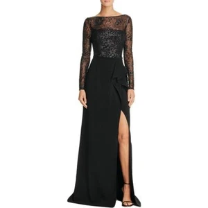 CARMEN MARC VALVO ~ Black Sequin Illusion Ruffle Leg Slit Formal Gown 4 NEW $348 - Picture 1 of 8