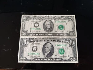 1981 E $20 Twenty Dollar & 1977 G $10 Ten Dollar Federal Reserve Notes - Picture 1 of 2