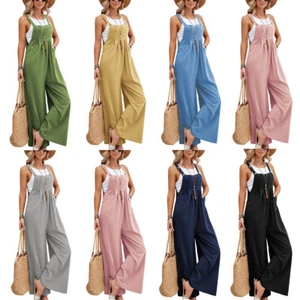 Womens Wide Leg Dungarees Jumpsuit Ladies Loose Casual Overalls Playsuit Rompers - Picture 1 of 19