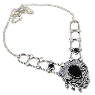 Nero Spinello Gemma Fatto a Mano 925 Sterling Argento Gioielli Collana - Immagine 1 di 4