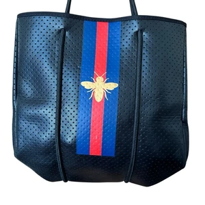 PARKER & HYDE Black Neoprene Gold Queen Bee Tote Red Blue Shoulder Bag - Picture 1 of 16