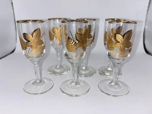 Vintage Cordial Glass Set of 6 Leaf Pattern Gold Rim - Picture 1 of 9