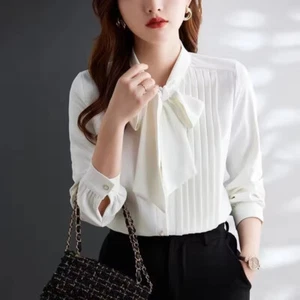 Spring Autumn Women's Elegant Fashion Bow Shirt Temperament Pleated Blouse - Picture 1 of 9