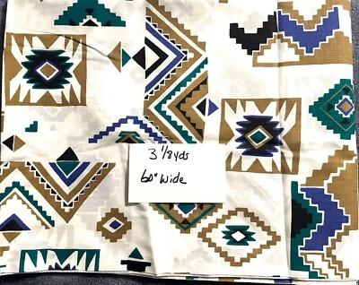 Vintage Cotton Southwest Tribal Native American Print Cream Teal Brown 3 1/8yd - Image 1 of 4