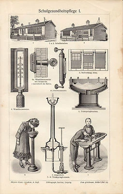 1895 Original Antique Print Meyers SCHOOL DESK HEALTH CARE Drinking fountain - Image 1 of 4