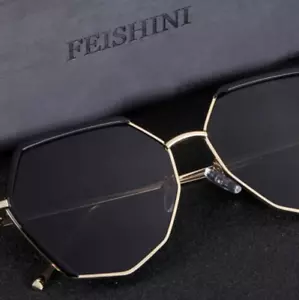 Women's FEISHINI-Polarized Hexagonal Black Sunglasses Driving Anti-Reflective - Picture 1 of 8