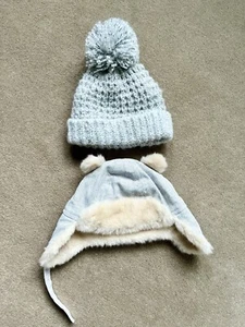 2 x Baby Grey Winter Hats H&M F&F Faux Fur Knit 3-6 6-9 Months - Picture 1 of 6