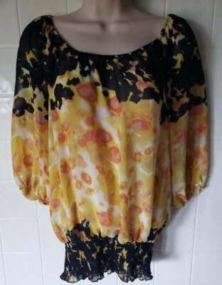 Guess Jeans Mujer S Campesino Top Blusa Pullover Negro Dorado Estampado Manga Corta Foto 1 de 4