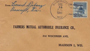 Wisconsin Cover 1948 BANCROFT to Farmers Mutual Auto Ins Co Madison - Pubanz - Picture 1 of 3
