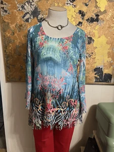 Art To Wear Mushka Sienna Rose Medium Tunic Fringed Cut Outs Hem Bell Sleeves - Picture 1 of 9