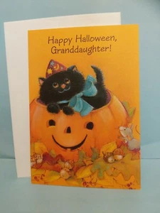 Vintage Halloween Kürbis schwarze Katze Maus Karte Punze Botschafter Enkelin - Bild 1 von 4