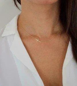 1Ct Necklace For Women RD Diamond Sideways Cross Pendant 14k Yellow Gold Plated - Picture 1 of 5