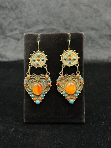 Vintage Brass Gold Gilded Earring With Natural Carnelian Turquoise & Coral Stone - Picture 1 of 6