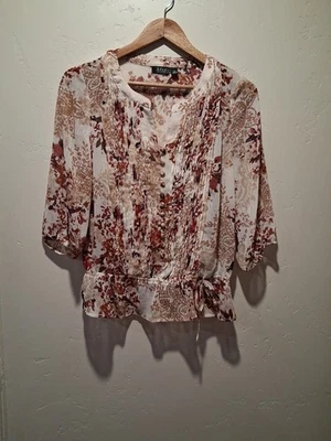 a.n.a. Floral Sheer Pleated Blouse Cinched Waist Petite Med Boho Cottage Core  - Image 1 of 4