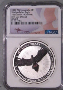 2024-p Plateado 1 OZ .9999 Cuña Cruz Águila 10th Anniv MS70 Fdoi Coloridas - Imagen 1 de 5
