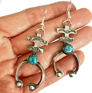 Navajo Naja Turquoise Earrings 2in Billah Sterling Matte Hook 925 Squash Blossom - Picture 1 of 8