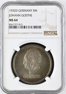Coin Silver 5 Reichsmark 1932 D Goethe Holder NGC MS64 Great Rare nswleipzig - Picture 1 of 3