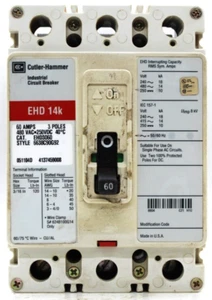 CUTLER HAMMER EHD 14K CIRCUIT BREAKER EHD3060 - 60 AMP 3 POLES EXCELLENT COND. - Picture 1 of 8