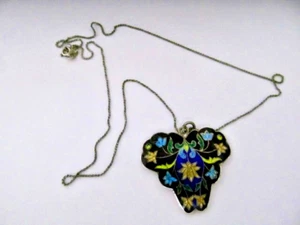 Black & Blue Cloisonne Sterling Silver Flower Pendant Necklace - Picture 1 of 3