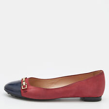 Tod's Crimson Red/Blue Leather And Patent Leather Cap Toe Buckle Ballet Flats