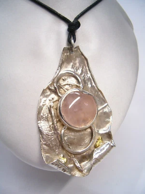 Ciondolo in ARGENTO 925 con QUARZO ROSA naturale -pendente pietra dura girocollo - Immagine 1 di 4