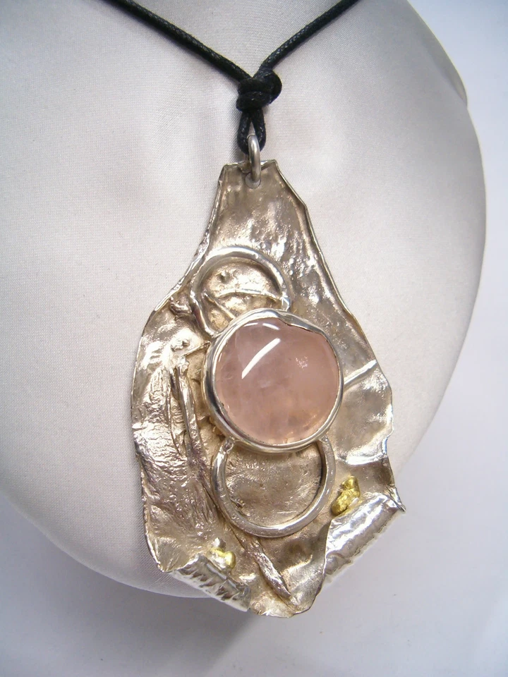 Ciondolo in ARGENTO 925 con QUARZO ROSA naturale -pendente pietra dura girocollo - Immagine 1 di 4