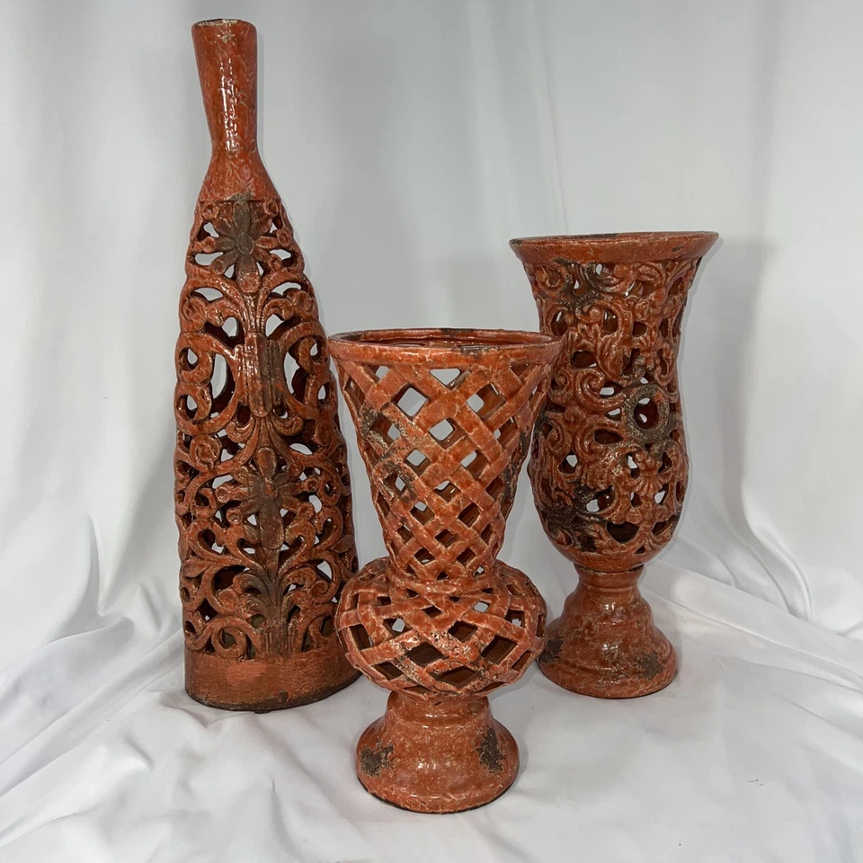 Lote 3 Jarrones Decorativos Privilege International Naranja Marrón Recortados Envejecidos Foto 1 de 4