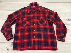 Vintage Pendleton Herren L Wolle Bordhemd rot kariert Schlaufenkragen Pattentaschen * MÄNGEL - Bild 1 von 19
