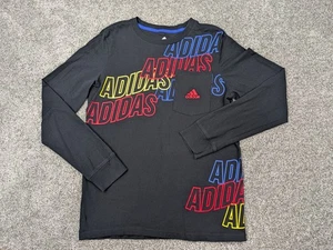 Adidas Shirt Youth Boys L Black Long Sleeve Multicolor Spell Out Logo Pocket Tee - Picture 1 of 7