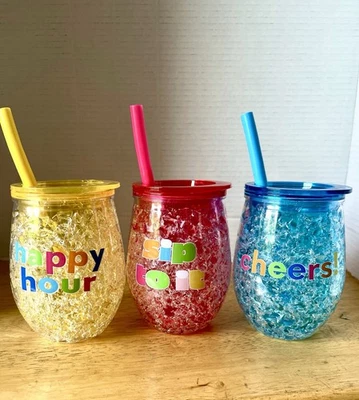 Cute Shape Frosty Freezer Ice Mugs W/Straw Clear 3 In Set Red  Blue Yellow 12 Oz - Image 1 of 4