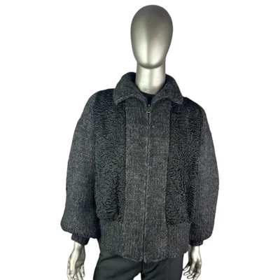 Men’s Black Persian Lamb Cardigan w/Mohair Knit Sleeves, Sz L, Certified Vintage - Image 1 of 4