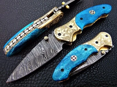 Handmade Damascus Steel Folding Knife for Camping & Hunting with linear Locking  - Image 1 of 4