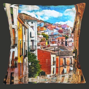 Cubierta de cojín de pueblo español 16""x16"" 40 cm casas de colores vintage antiguas moteadas - Imagen 1 de 7
