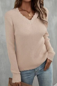 Scalloped V-Neck Rib-Knit Top - Picture 1 of 15
