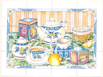 Mural de azulejo cerâmica açúcar e limão Tea Pot com azul e amarelo 12 peças 17x13 - Imagem 1 de 2