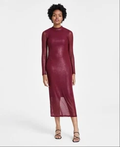 Bar III Womens Foil Mesh Long Sleeve Mock Neck Midi Bodycon Dress Large MSRP $89 - Picture 1 of 4