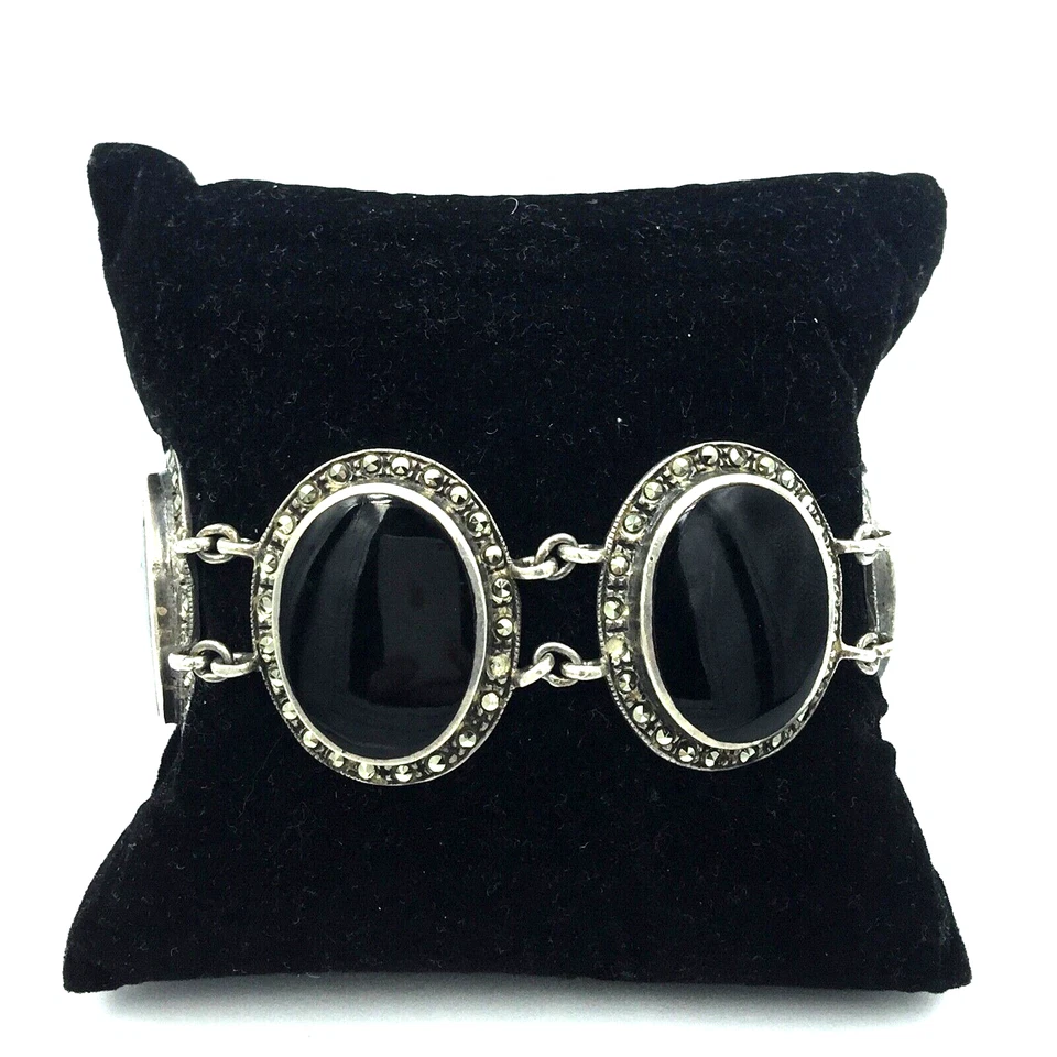 Bracciale vintage con onice e marcasiti in argento brunito 925 Made in Italy - Immagine 1 di 4