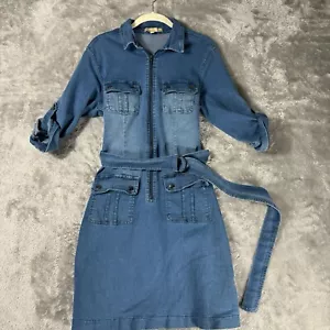 Hope & Harlow Women Shirt Dress 8 Petite Belted Denim Y2K Style Exposed Zip Snap - Picture 1 of 11