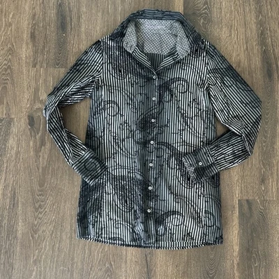 Blusa túnica top túnica de fieltro negra a rayas de cachemira con botones de cachemira Robert Graham M Foto 1 de 4