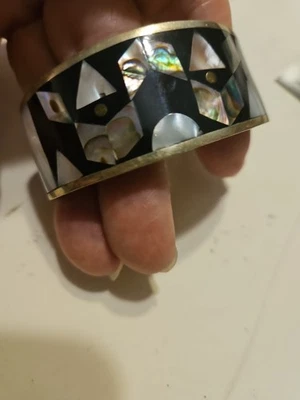 Vtg Mex Alpaca Silver Bracelet Sm 3" Cuff Inlaid Abalone Mother Pearl 15361☆ - Image 1 of 4