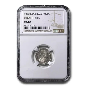 1868-R Italy Papal States Silver 10 Soldi MS-62 NGC - Picture 1 of 3