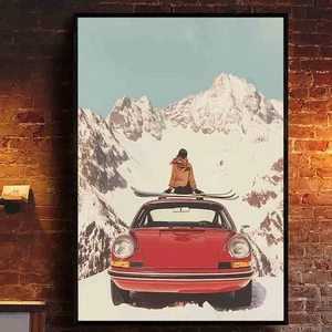 Niña esquí surf en coche clásico en montañas de nieve arte retro póster impresión esquiador - Imagen 1 de 5