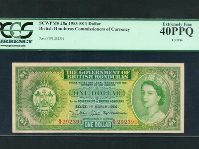 British Honduras(Belize):P-28a,1$,1956 * Queen Elizabeth II * PCGS EF 40 PPQ * - Image 1 of 2