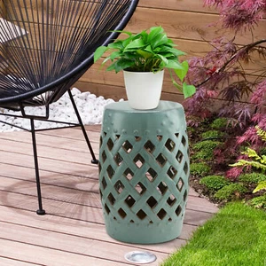 13" Multi-Use Ceramic Garden Stool Round Side Table Foot Rest with Lattice Ring - Picture 1 of 10