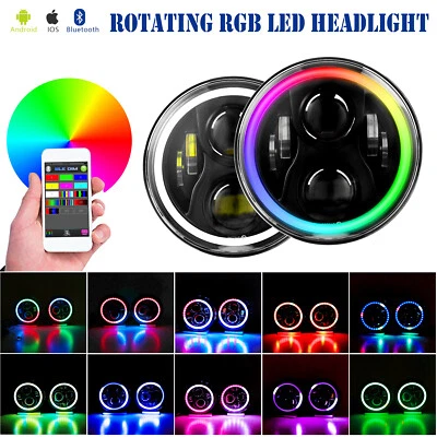 Pair 7" Inch RGB LED Headlights Halo Angel Eyes For Jeep Wrangler JK LJ TJ CJ - Image 1 of 4