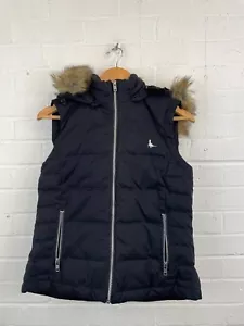 Jack Wills schwarze ärmellose Weste mit durchgehendem Reißverschluss gesteppt Kunstfellkapuze UK 10 #CSGA5390 - Bild 1 von 4