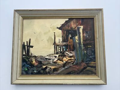 ROBERT LANDRY PAINTING NAUTICAL COASTAL LANDSCAPE Marina Port LISTED FAMOUS - Image 1 of 4